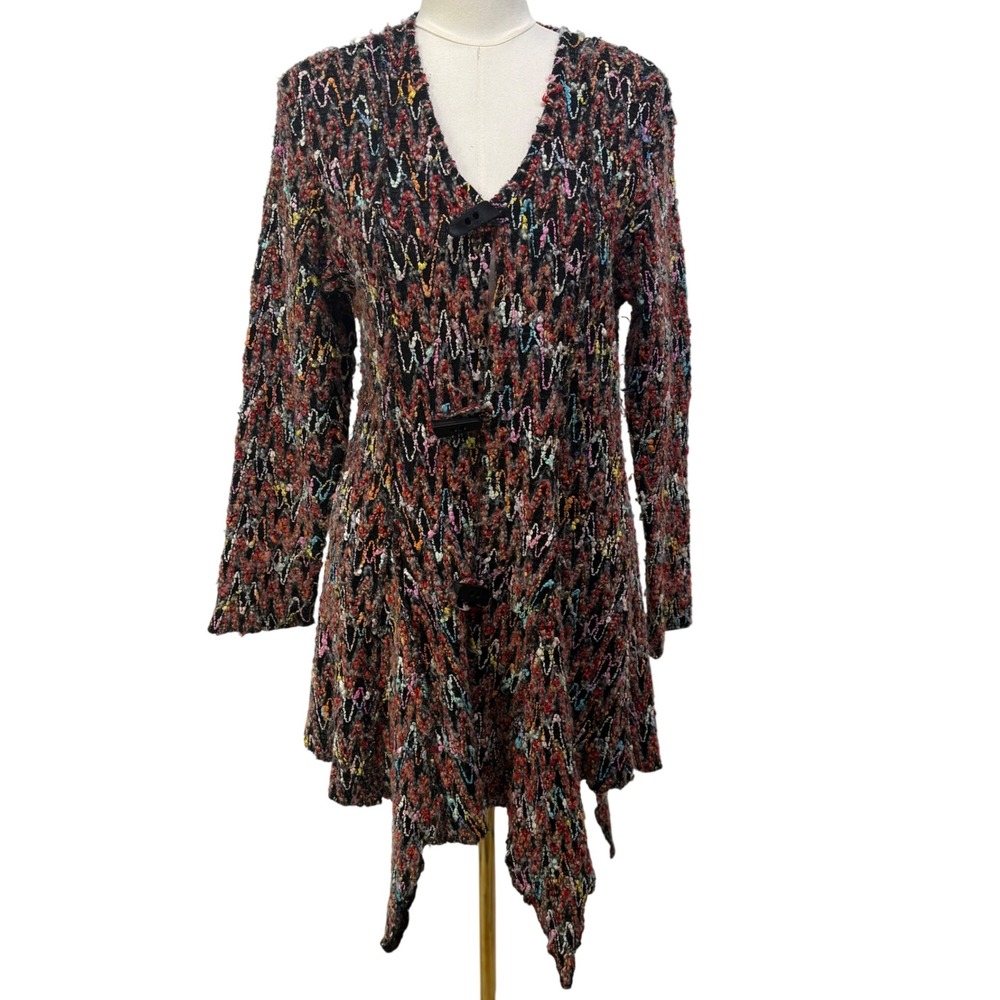 Hand Jive Womens M Multicolor Zigzag Knit Handkerchief Hem Toggle Cardigan Indie